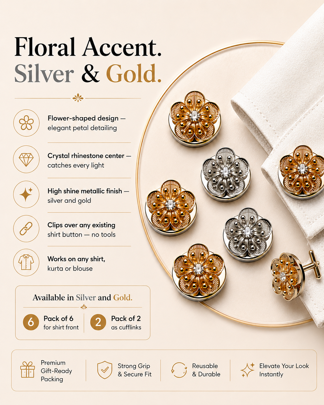 Floral Accent – Shirt Button Covers That Instantly Upgrade Any Shirt