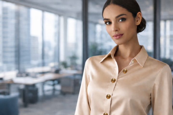 Woman wearing Spire Bloom on shirt front buttons
